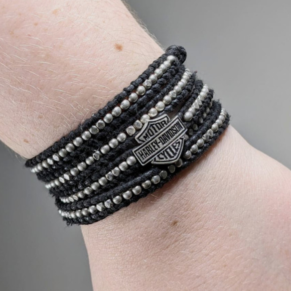 Harley-Davidson Jewelry - Harley-Davidson Logo Black and Silver Tone Beaded Wrap Around Biker Bracelet